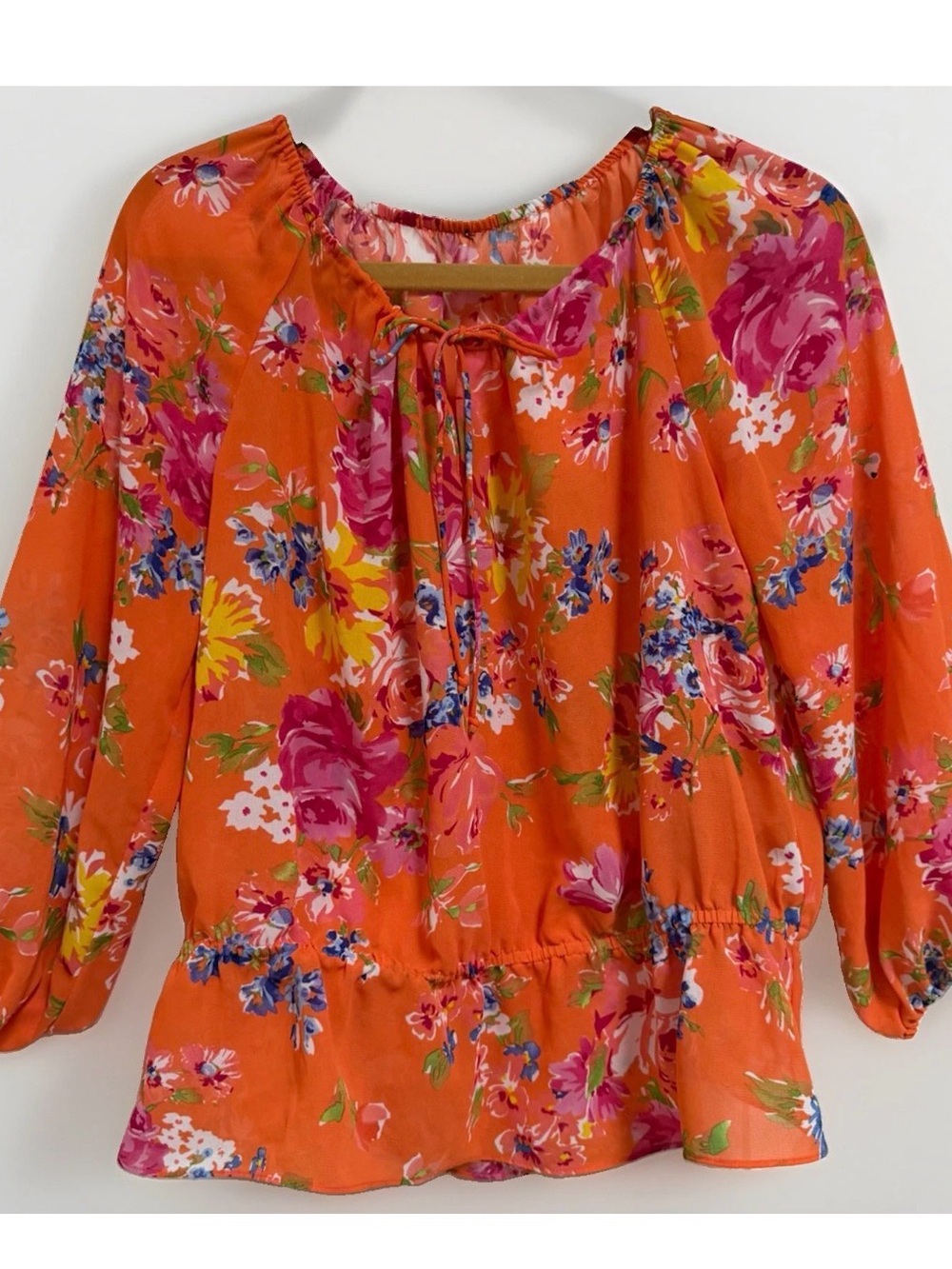 Bright Orange Floral Peasant Top - Women's Size Large